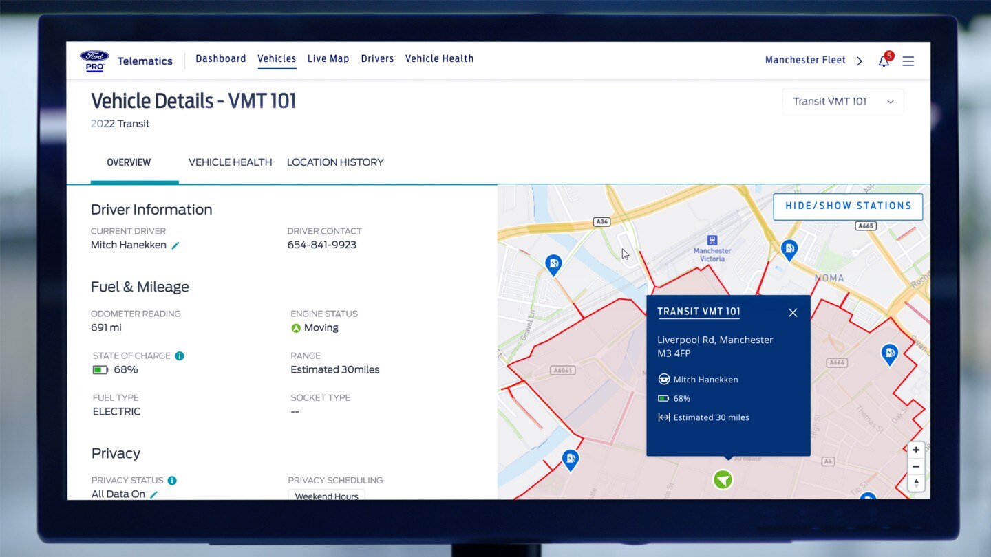 Ford Pro™ Telematics displaying Ford E-Transit vehicle details on monitor screen